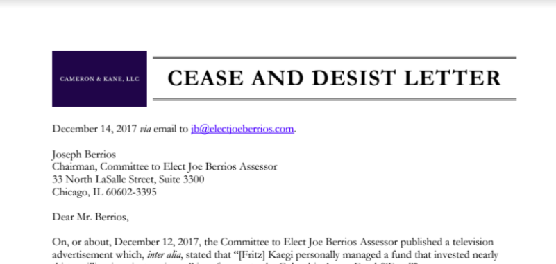 Fritz Kaegi Campaign Serves Assessor Berrios with Cease and Desist Letter over Allegedly Defamatory Campaign Ad